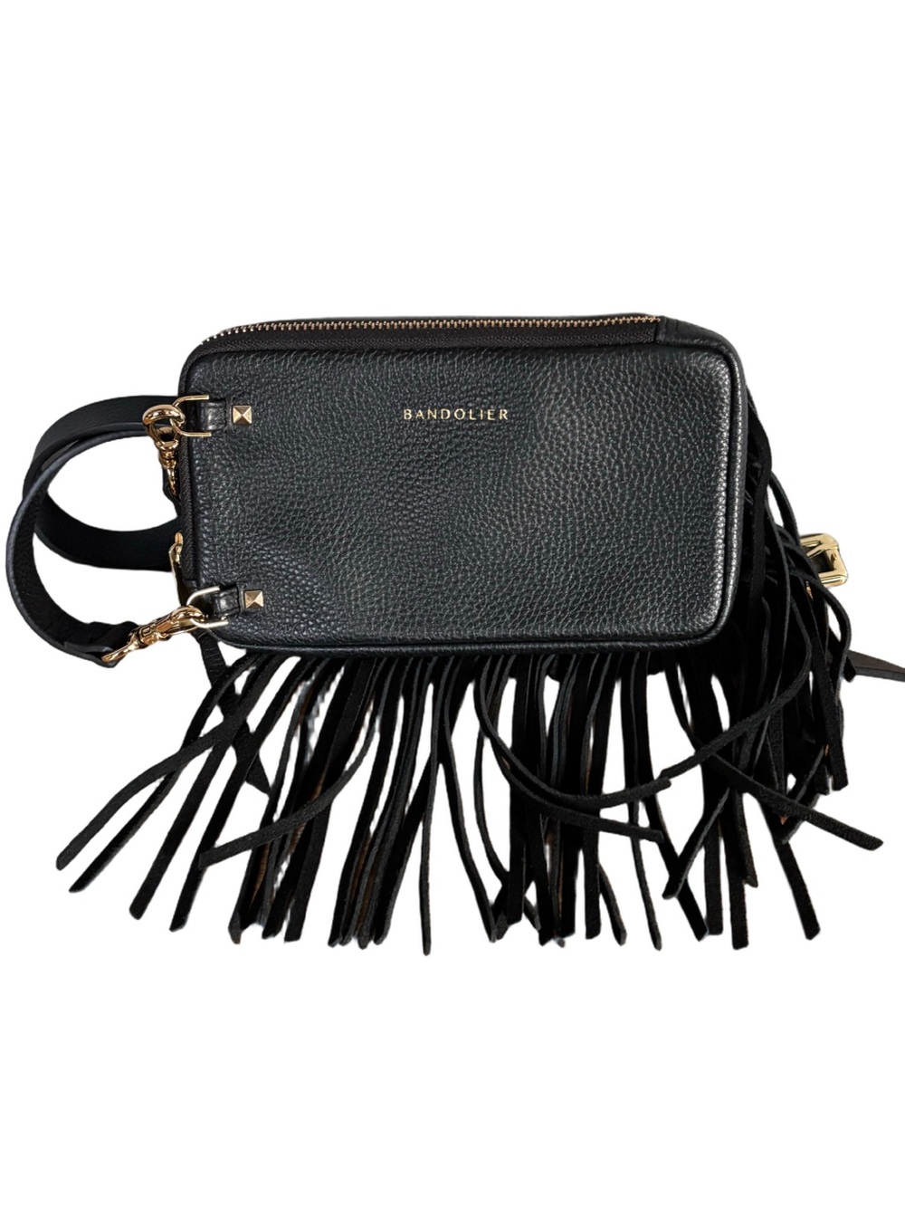 Bandolier Black Leather Fringe Crossbody Bag Pouch Boho Western Y2K